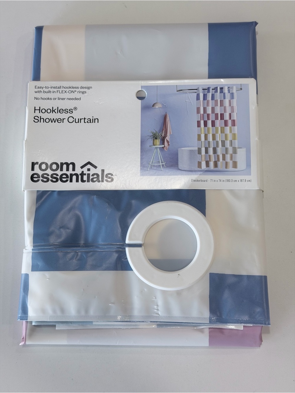 Room Essentials Shower Curtain in Blue, Lavender & White Block Pattern